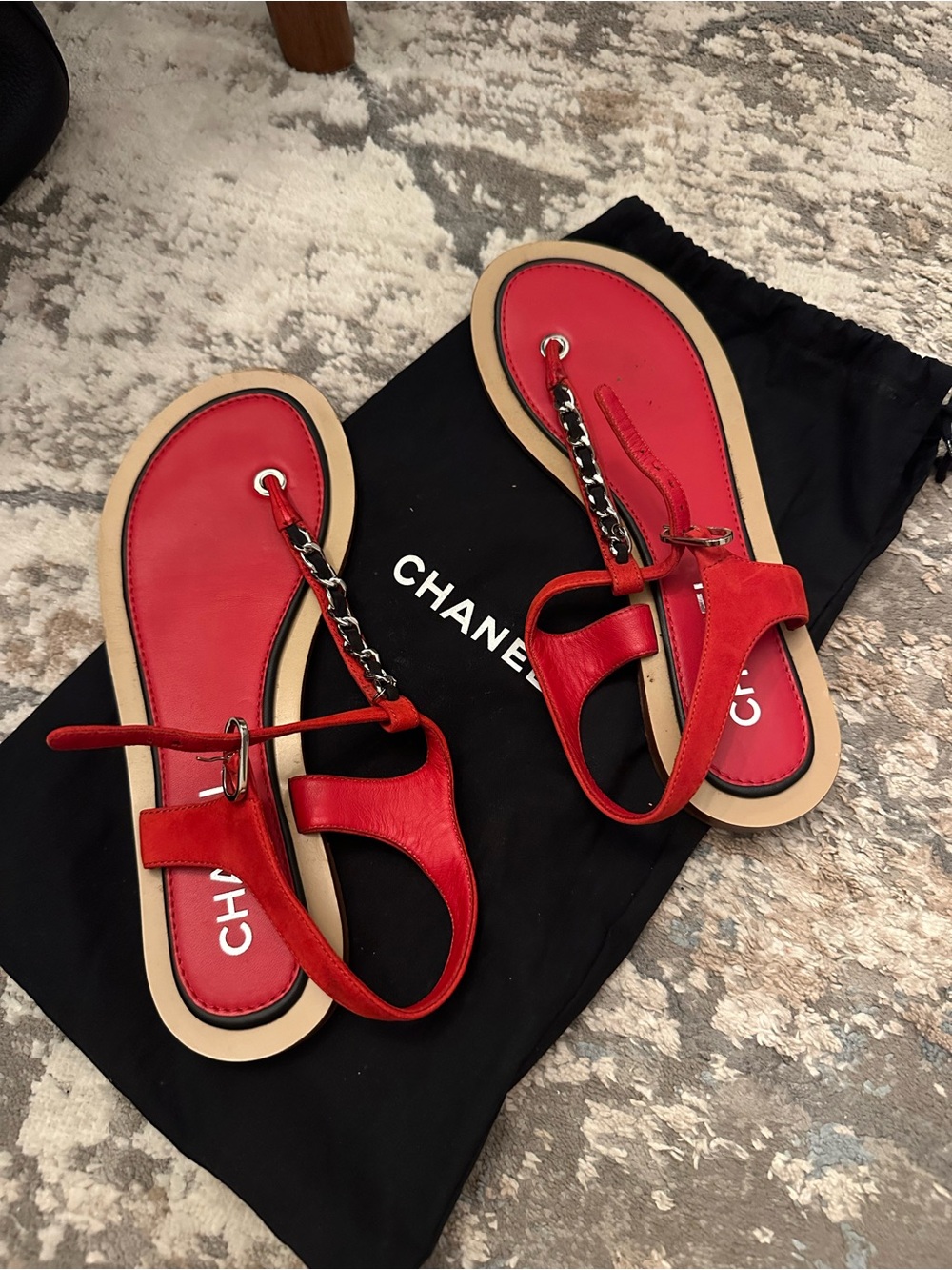 Authentic CHANEL Red Leather Chain-Trim T-Strap Sandals with Tan Soles